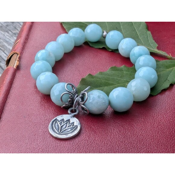 vintage Jewelry - Vintage Sterling Amazonite Bead Bracelet, Lotus Zen Bracelet